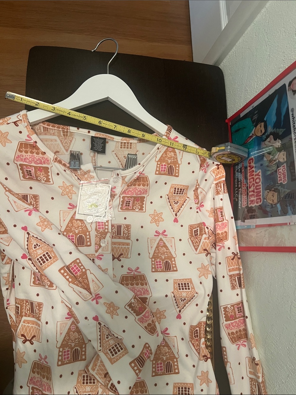 #2463**Gingerbread House Print Pajama Jump-short - Cream with Brown and Pink - Picture 5 of 17